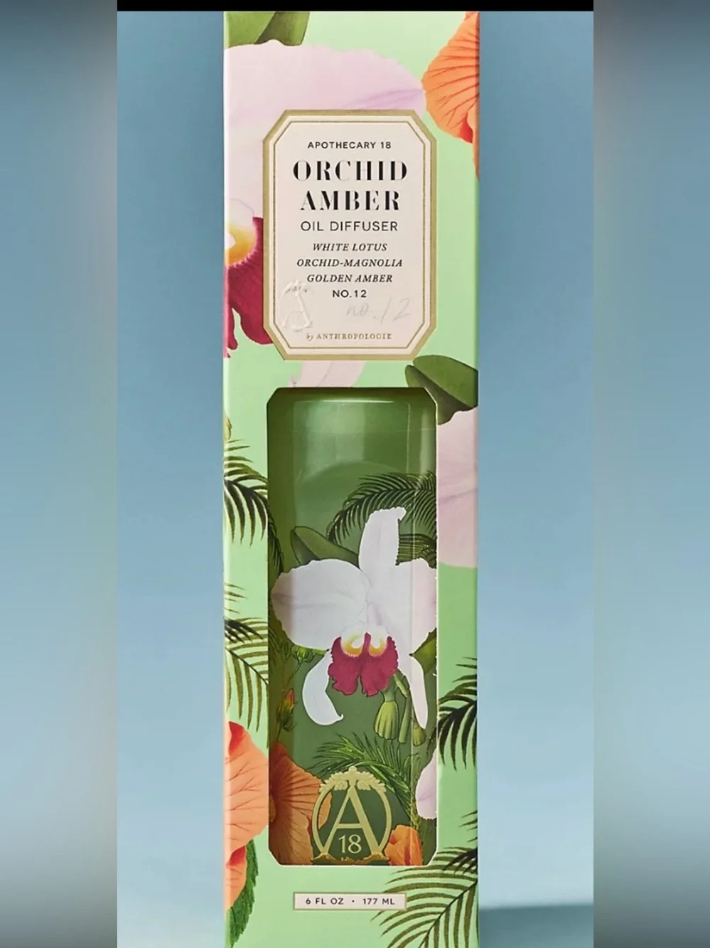 Anthropologie Orchid Amber Oil Diffuser — Green with White & Pink Floral
